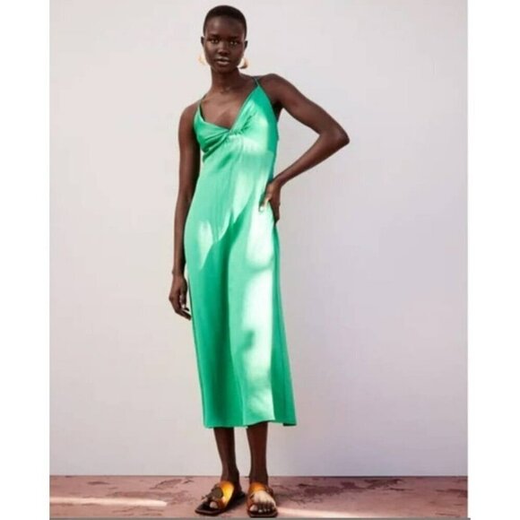 Zara Dresses & Skirts - Zara's‎ Knotted Emerald Green Slip Midi Dress Size XS